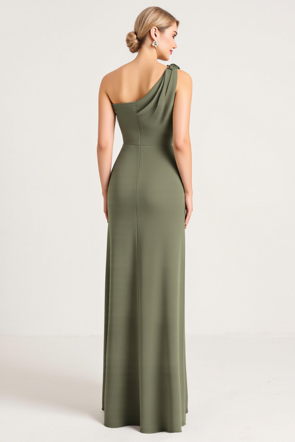 Olive Maxi Sheath Satin One Shoulder Bridesmaid Dress with Slit