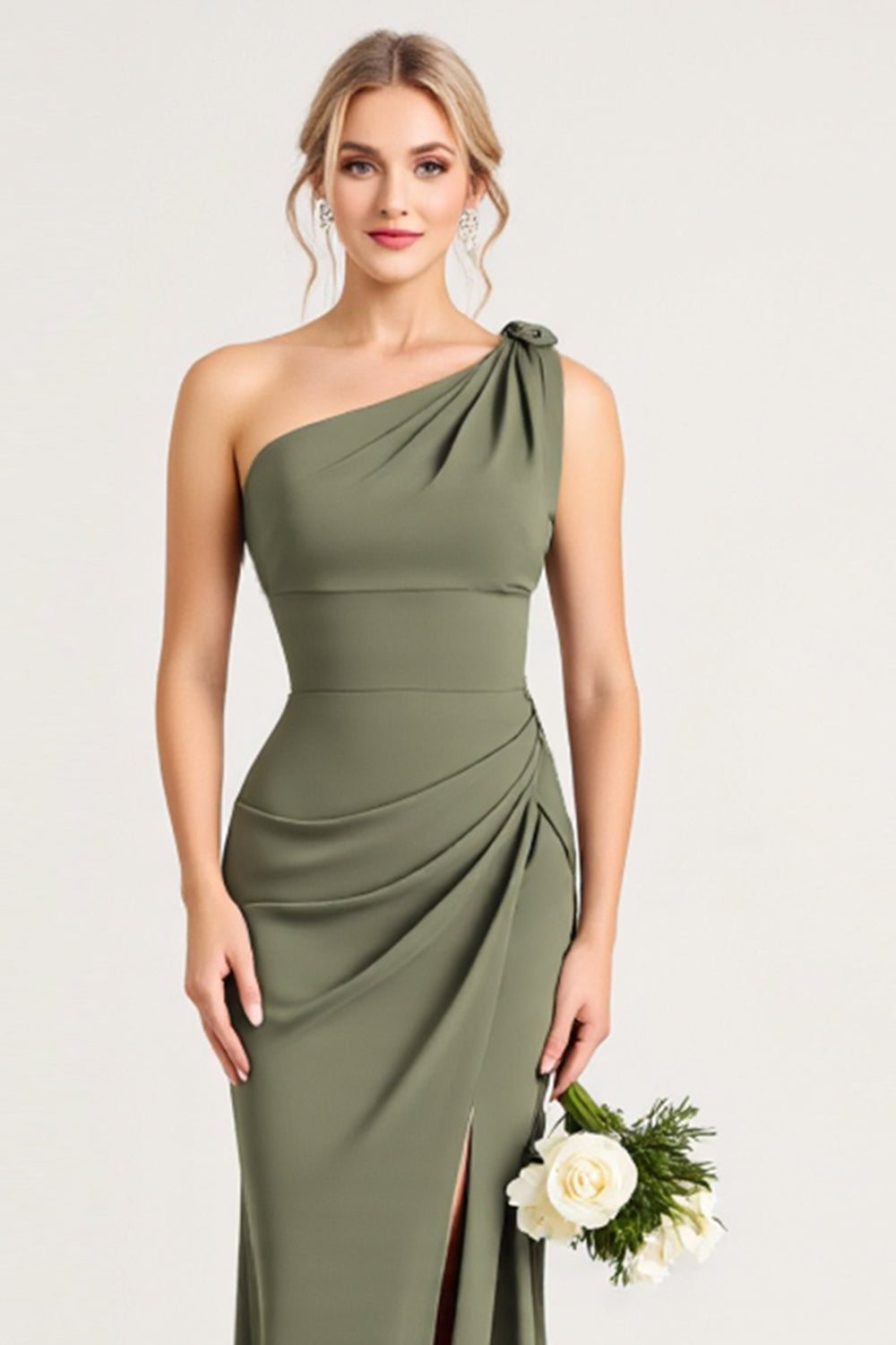 Olive Maxi Sheath Satin One Shoulder Bridesmaid Dress with Slit
