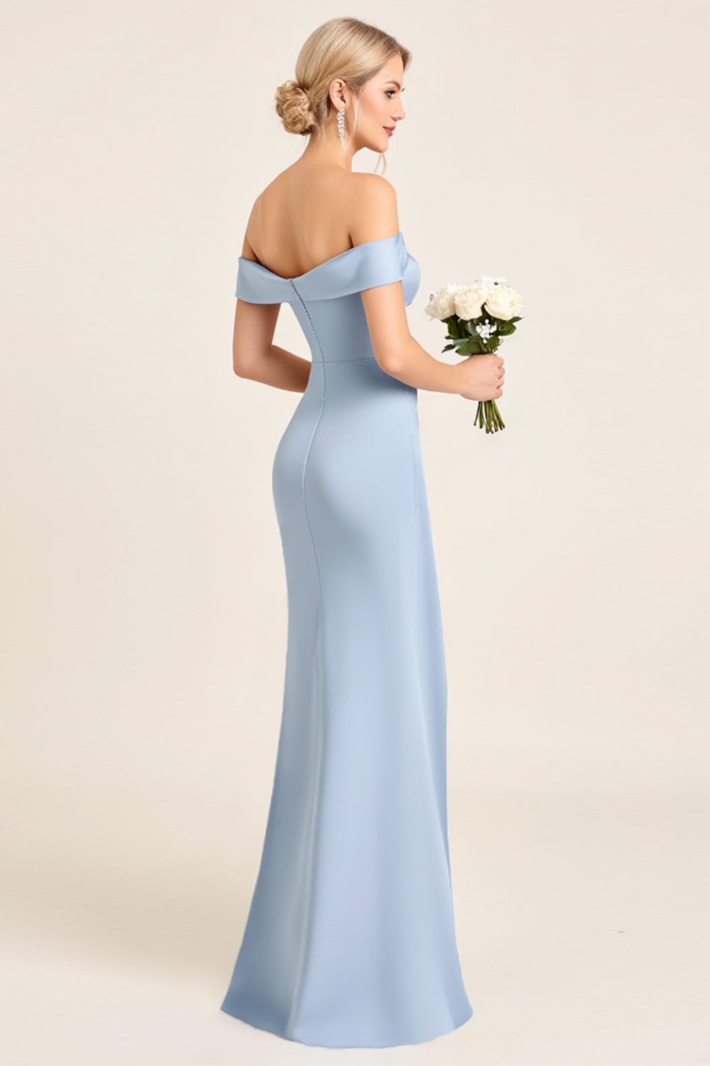 Dusty Blue Off the Shoulder Maxi Satin Bridesmaid Dress with Slit