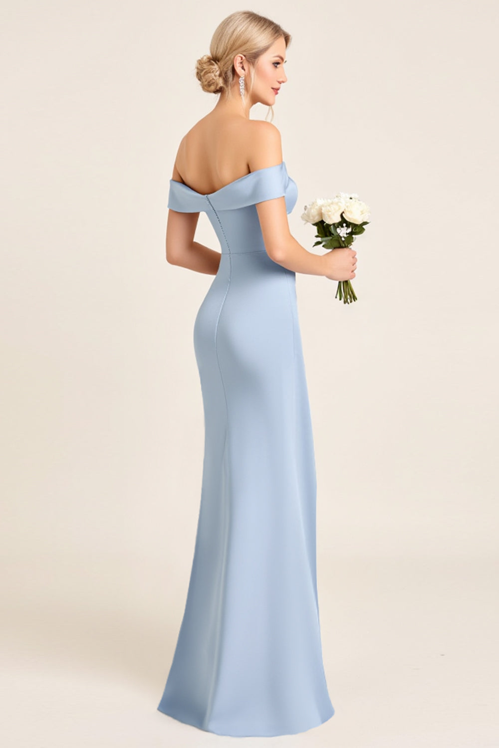 Satin Sheath Dusty Blue Off the Shoulder Long Bridesmaid Dress with Slit