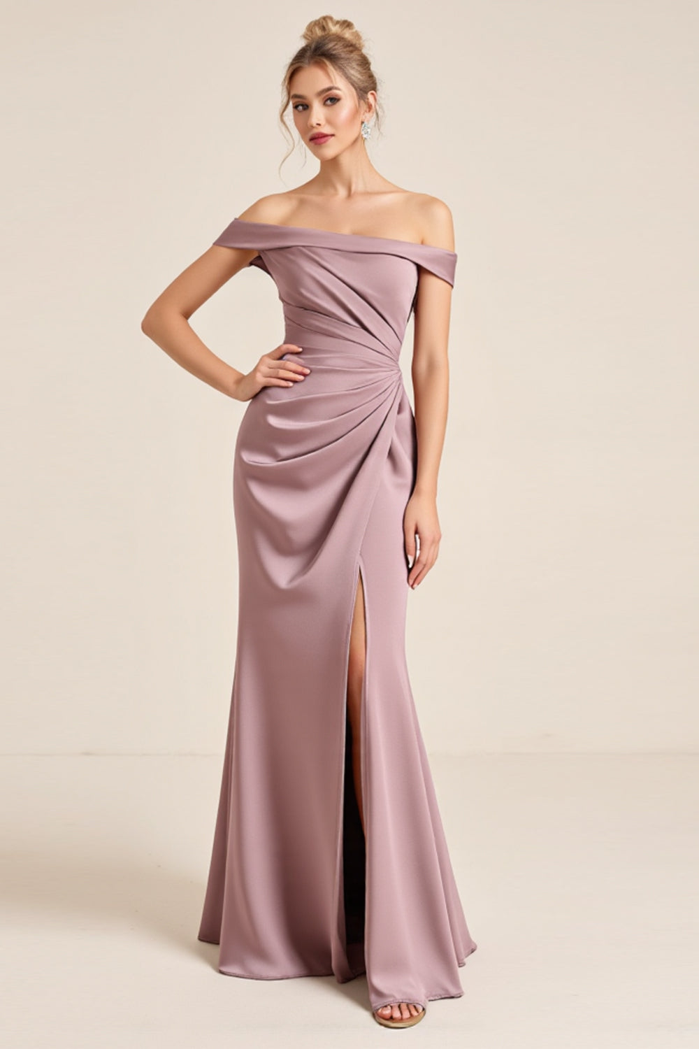 Sheath Satin Ruched Vintage Mauve Long Bridesmaid Dress with Slit