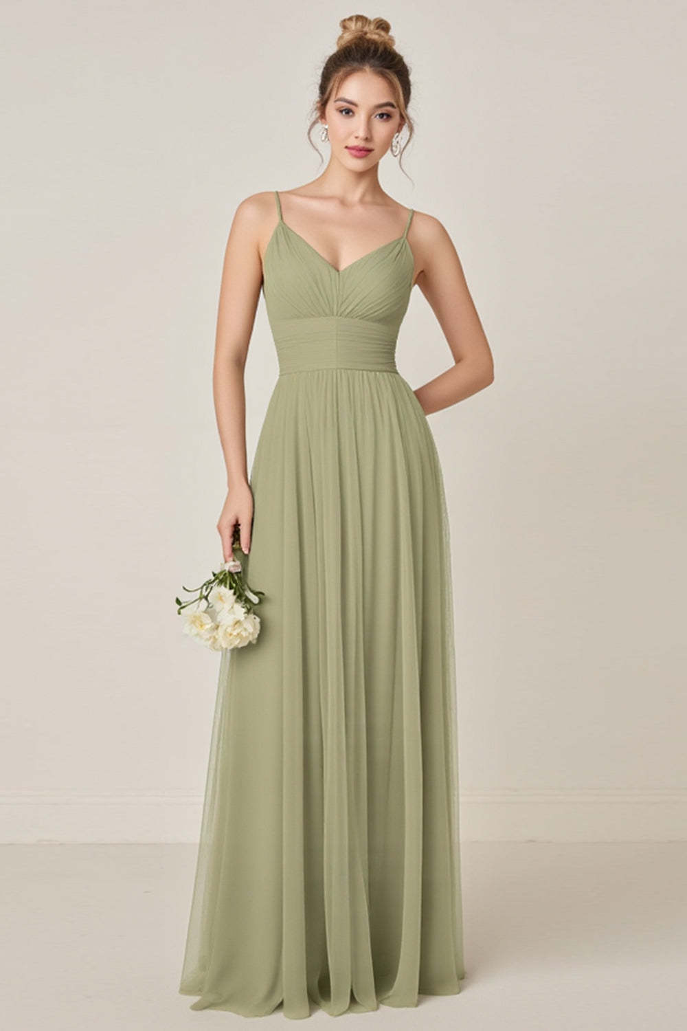 Leely Women Sage Green Maxi Bridesmaid Dress with Slit Spaghetti Straps Sleeveless A line Long Wedding Guest Dress
