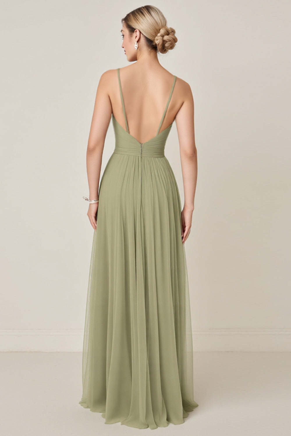 Sage Green A line Spaghetti Straps Maxi Bridesmaid Dress With Slit