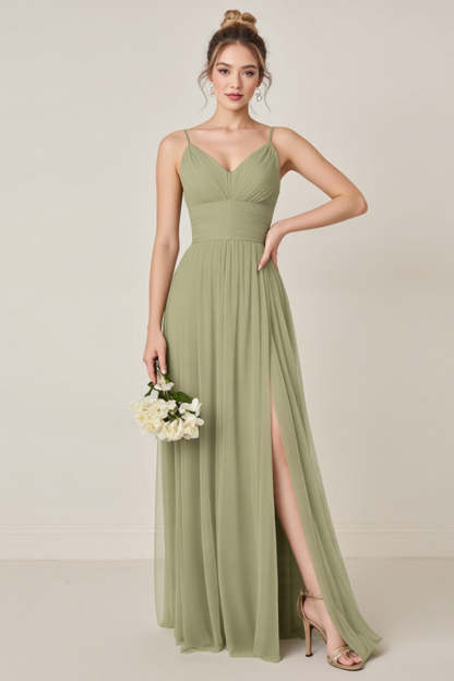 Sage Green A line Spaghetti Straps Maxi Bridesmaid Dress With Slit