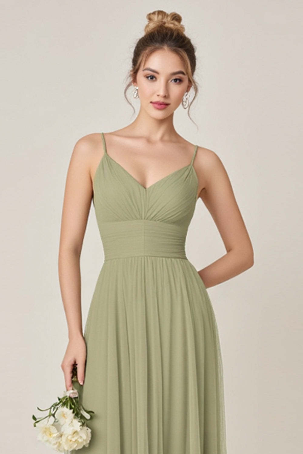 Sage Green A line Spaghetti Straps Maxi Bridesmaid Dress With Slit