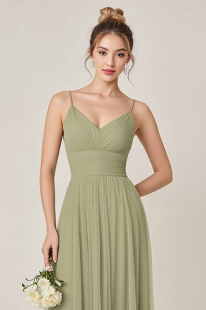 Sage Green A line Spaghetti Straps Maxi Bridesmaid Dress With Slit
