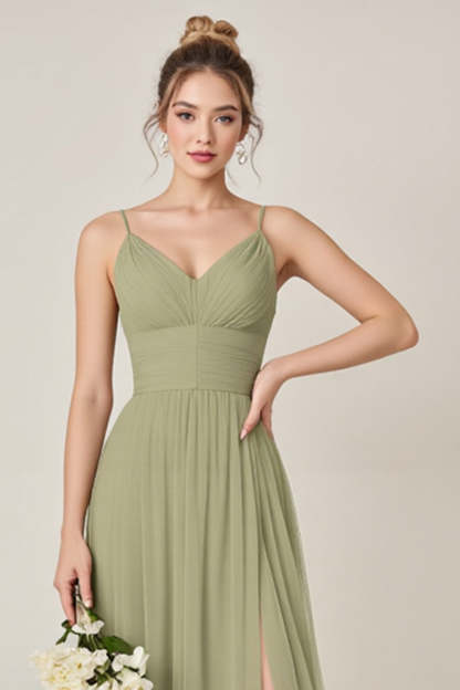 Sage Green A line Spaghetti Straps Maxi Bridesmaid Dress With Slit
