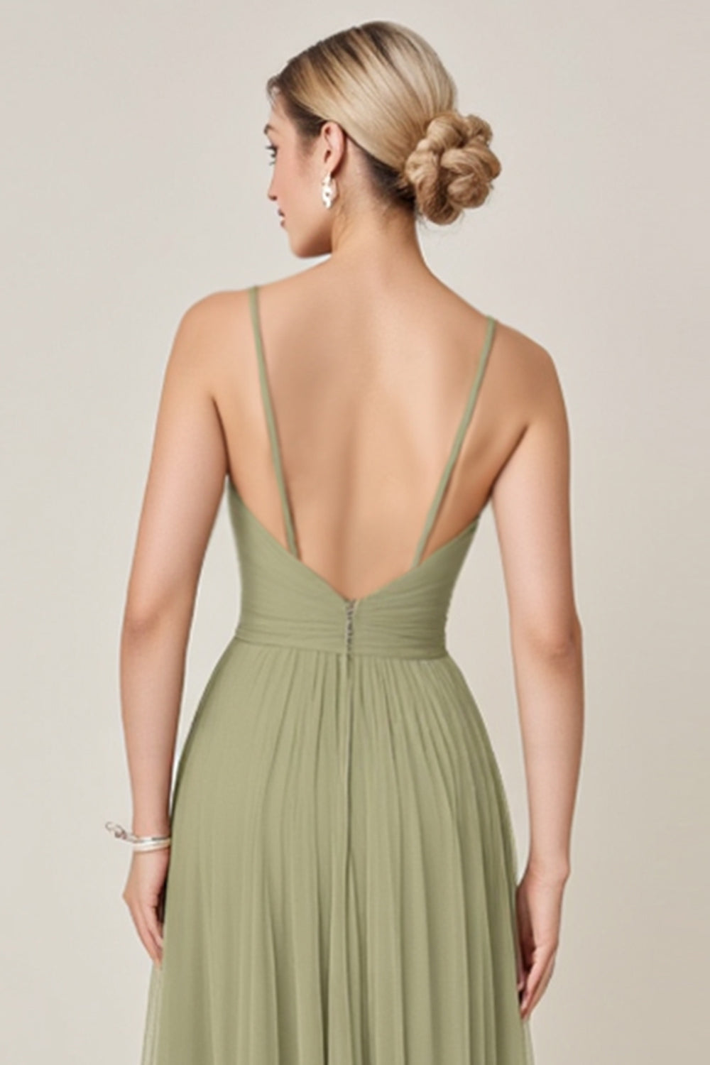 Sage Green A line Spaghetti Straps Maxi Bridesmaid Dress With Slit