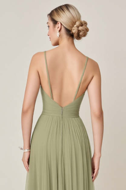 Sage Green A line Spaghetti Straps Maxi Bridesmaid Dress With Slit