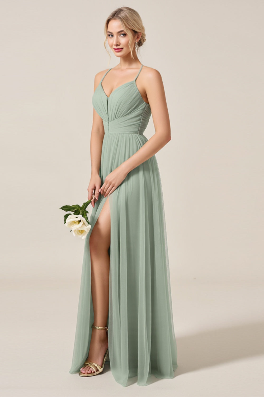 Matcha A Line Spaghetti Straps Tulle Long Bridesmaid Dress with Slit