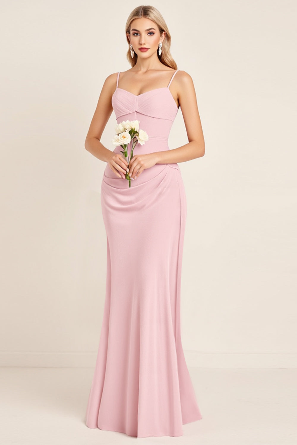 Candy Pink Sheath Satin Spaghetti straps Maxi Bridesmaid Dress