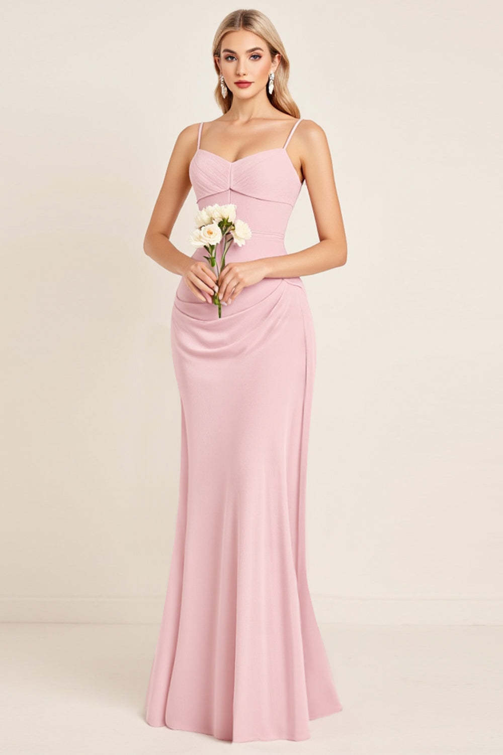 Leely Women Candy Pink Sheath Satin Maxi Bridesmaid Dress Sweetheart Spaghetti Straps Ruched Wedding Guest Dress