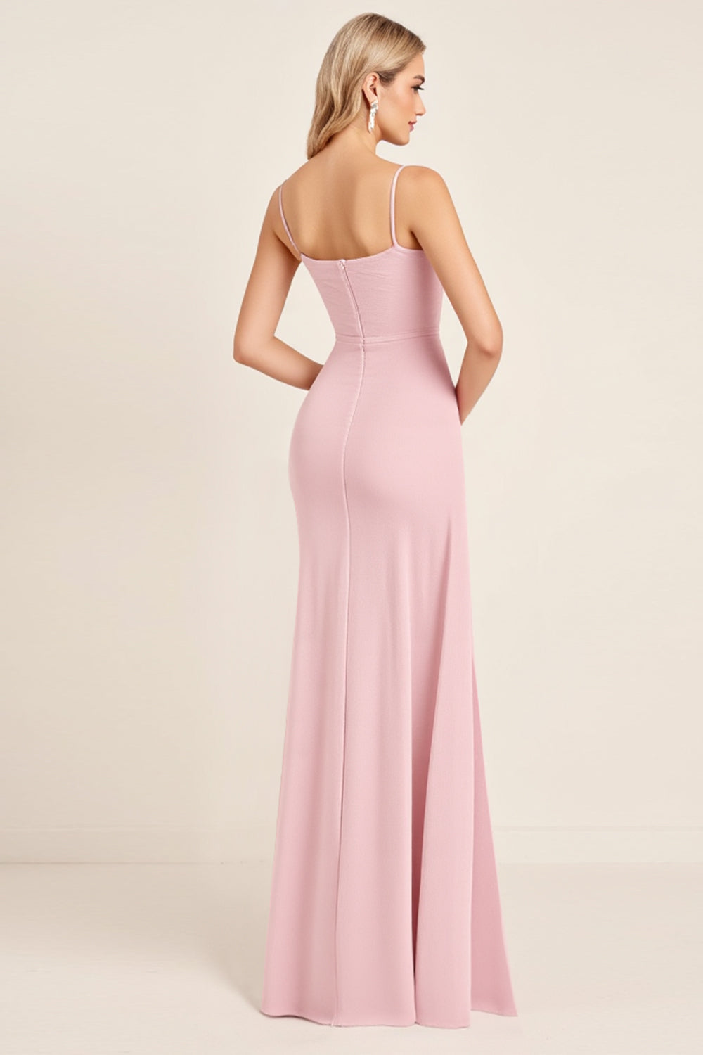 Candy Pink Sheath Satin Spaghetti straps Maxi Bridesmaid Dress