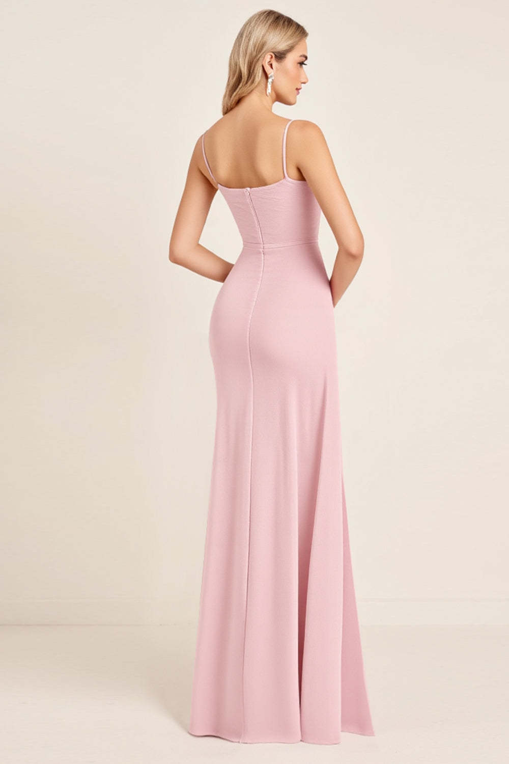 Candy Pink Sheath Satin Spaghetti straps Maxi Bridesmaid Dress