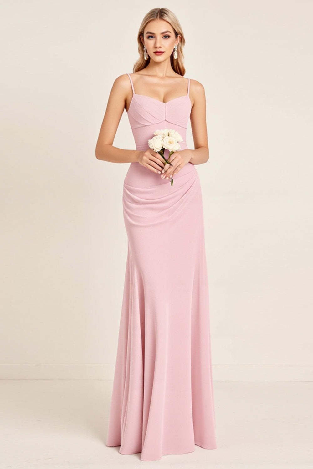 Candy Pink Sheath Satin Spaghetti straps Maxi Bridesmaid Dress