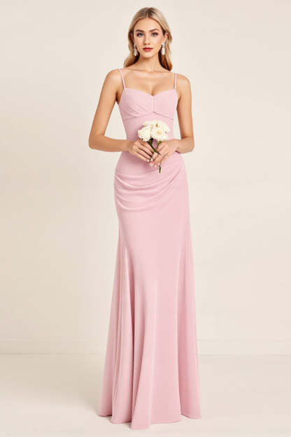 Candy Pink Sheath Satin Spaghetti straps Maxi Bridesmaid Dress