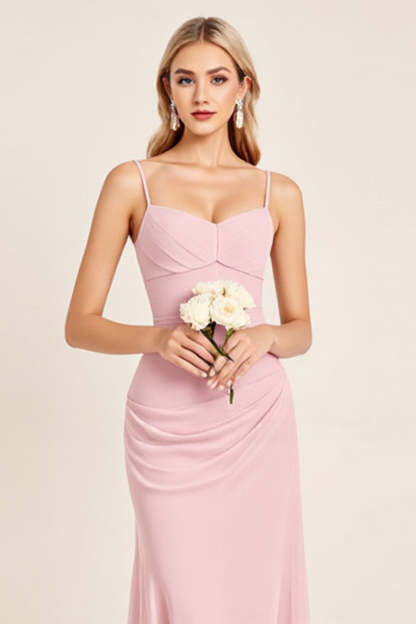 Candy Pink Sheath Satin Spaghetti straps Maxi Bridesmaid Dress
