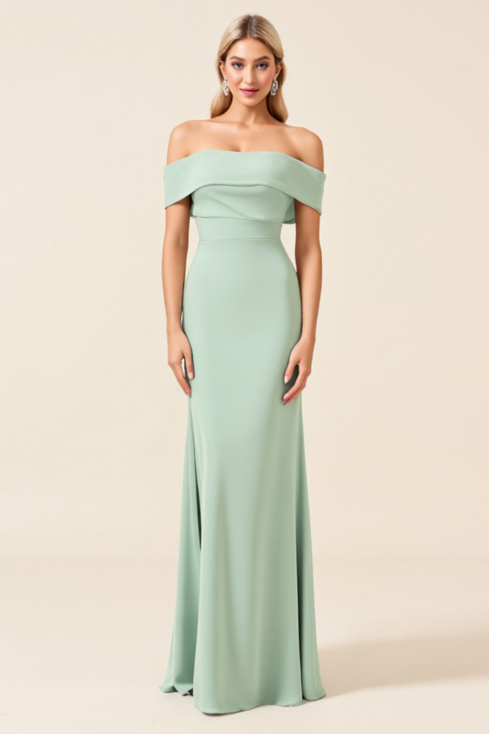 Off the Shoulder Mint Sheath Satin Maxi Bridesmaid Dress