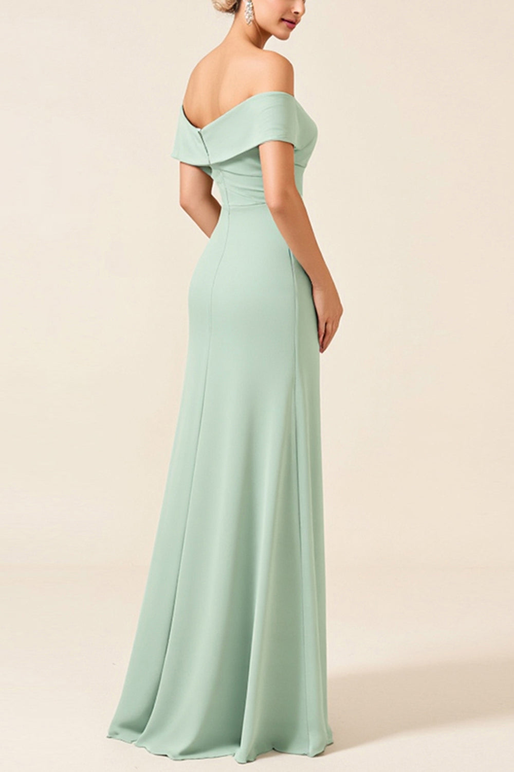 Off the Shoulder Mint Sheath Satin Maxi Bridesmaid Dress