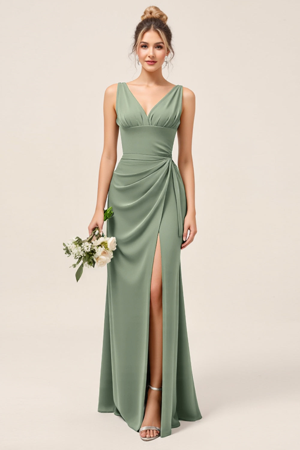 Satin Eucalyptus Sheath V Neck Ruched Maxi Bridesmaid Dress with Slit