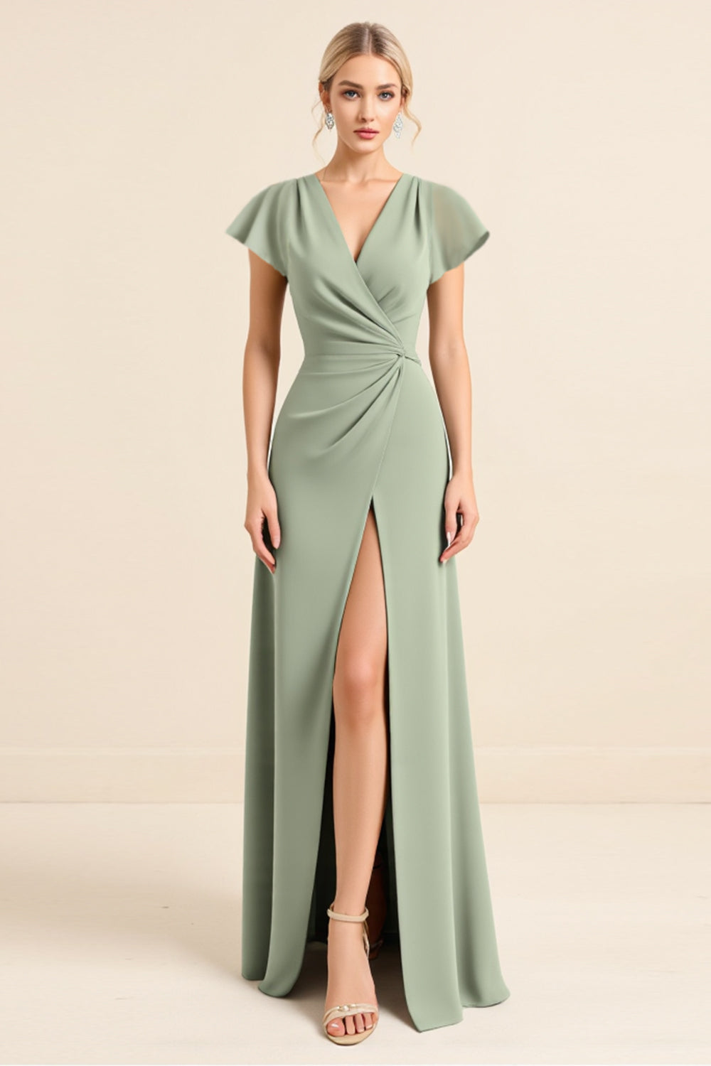 Matcha Sheath V-Neck Cap Sleeves Long Bridesmaid Dress with Slit