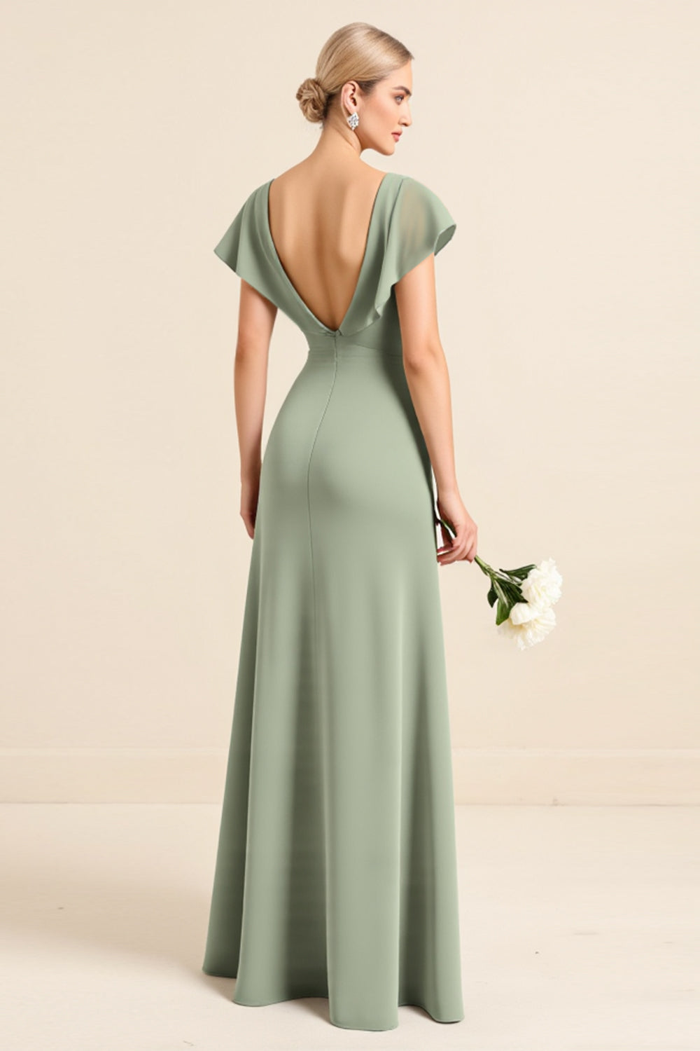 Matcha Sheath V-Neck Cap Sleeves Long Bridesmaid Dress with Slit