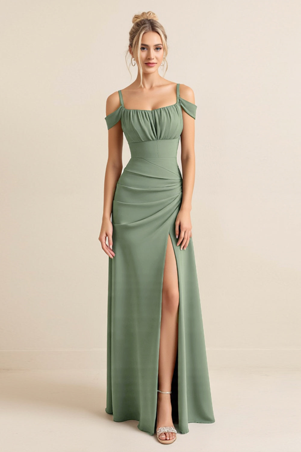 Eucalyptus Sheath Satin Cold Shoulder Maxi Bridesmaid Dress with Slit