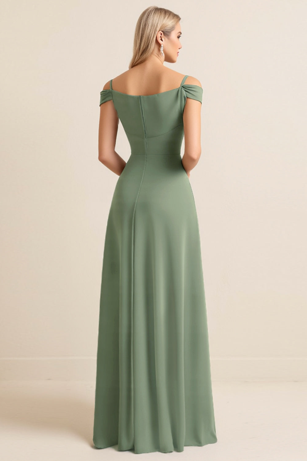 Eucalyptus Sheath Satin Cold Shoulder Maxi Bridesmaid Dress with Slit