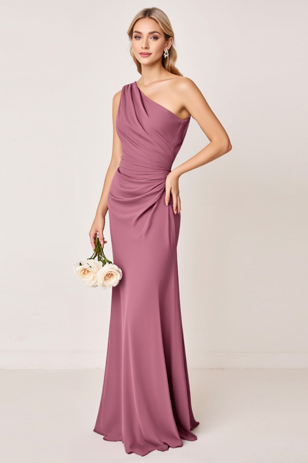 One Shoulder Vintage Mauve Sheath Ruched Satin Long Bridesmaid Dress
