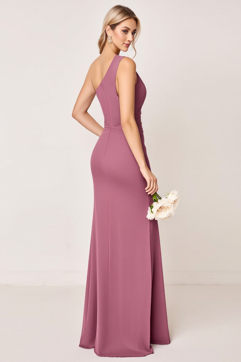 One Shoulder Vintage Mauve Sheath Ruched Satin Long Bridesmaid Dress