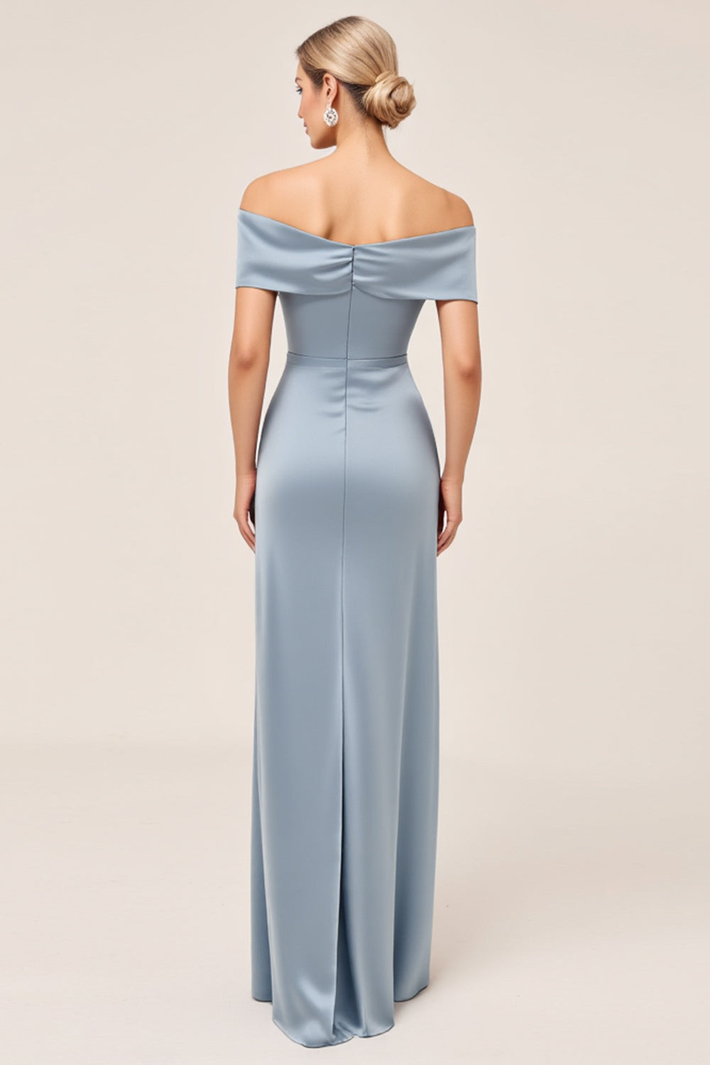 Satin Dusty Blue Off the Shoulder Ruched Long Bridesmaid Dress with Slit