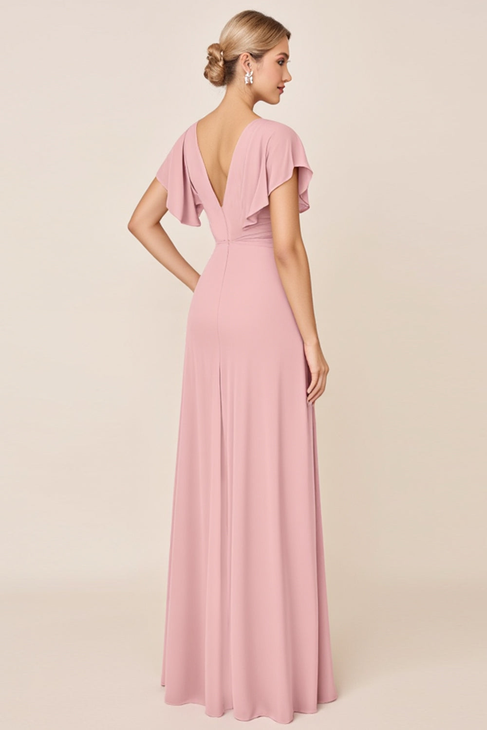 Candy Pink Sheath Flutter Sleeves Long Bridesmaid Dress with Slit