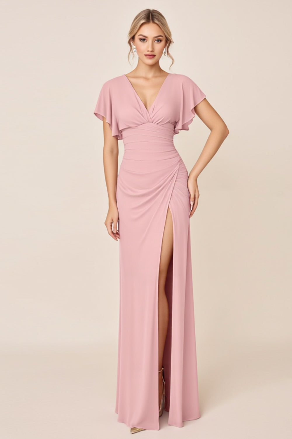 Candy Pink Sheath Flutter Sleeves Long Bridesmaid Dress with Slit