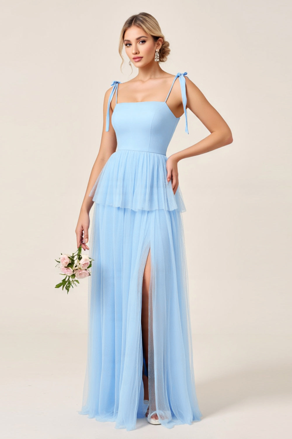 Sky Blue A Line Tulle Bow Long Bridesmaid Dress with Slit