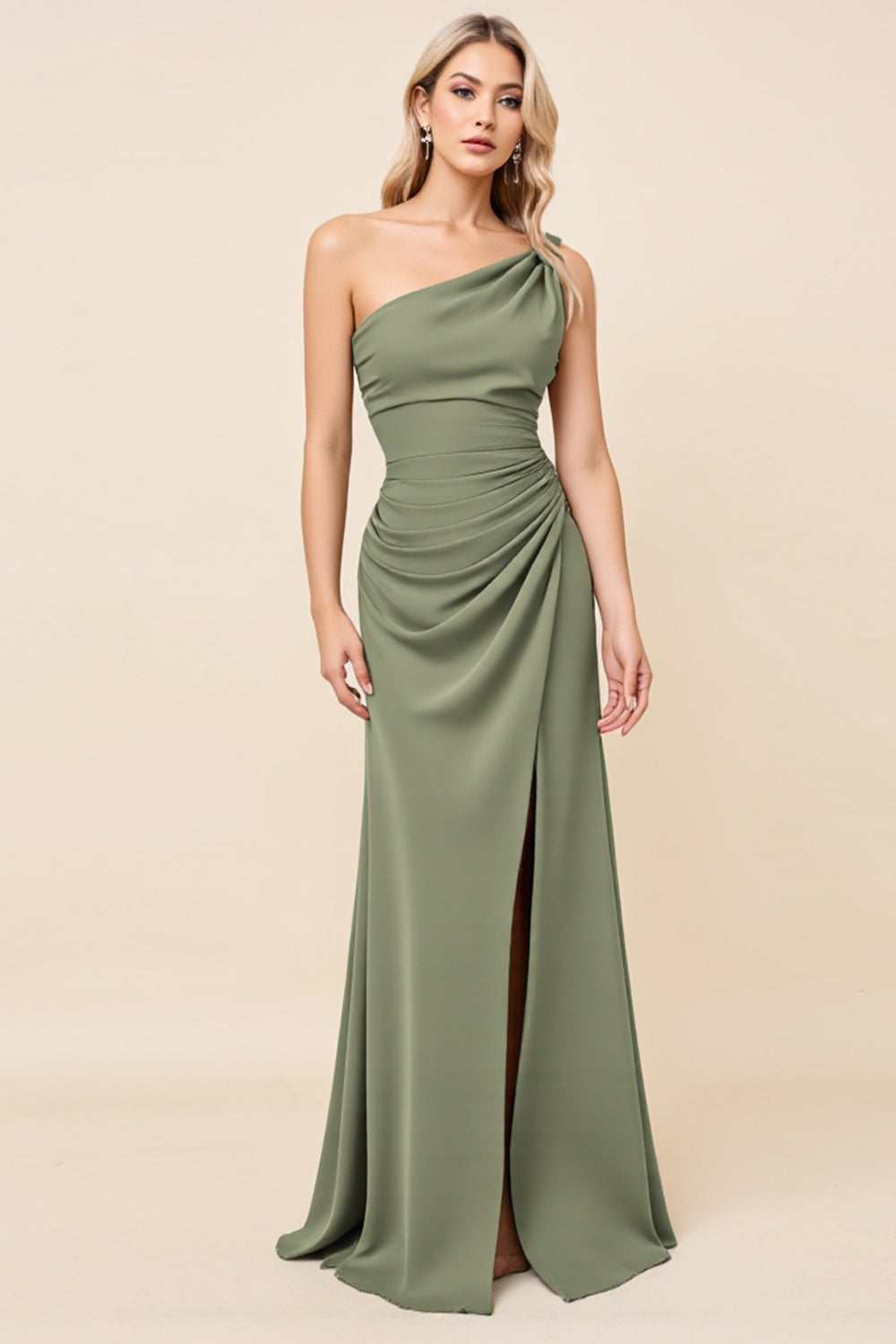 Eucalyptus Sheath One Shoulder Maxi Ruched Satin Bridesmaid Dress with Slit