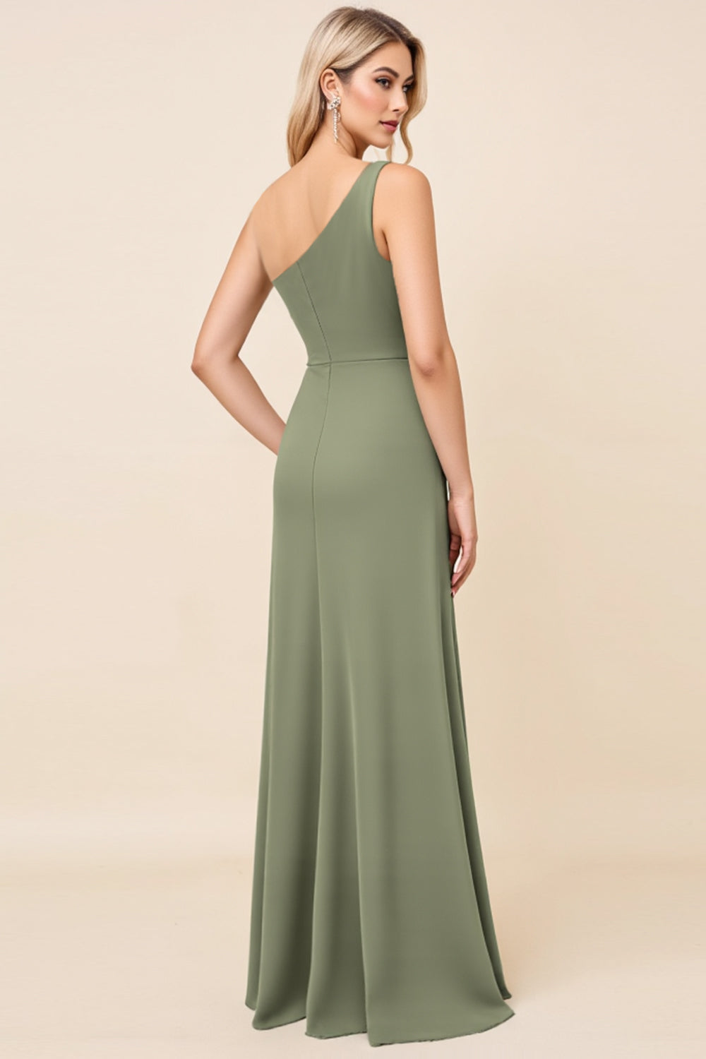 Eucalyptus Sheath One Shoulder Maxi Ruched Satin Bridesmaid Dress with Slit