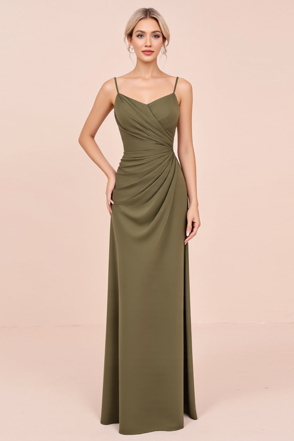 Olive Sheath Satin Backless Ruched Long Bridesmaid Dress