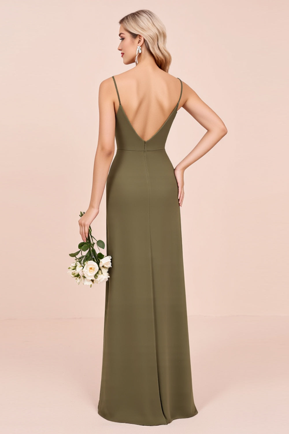 Olive Sheath Satin Backless Ruched Long Bridesmaid Dress