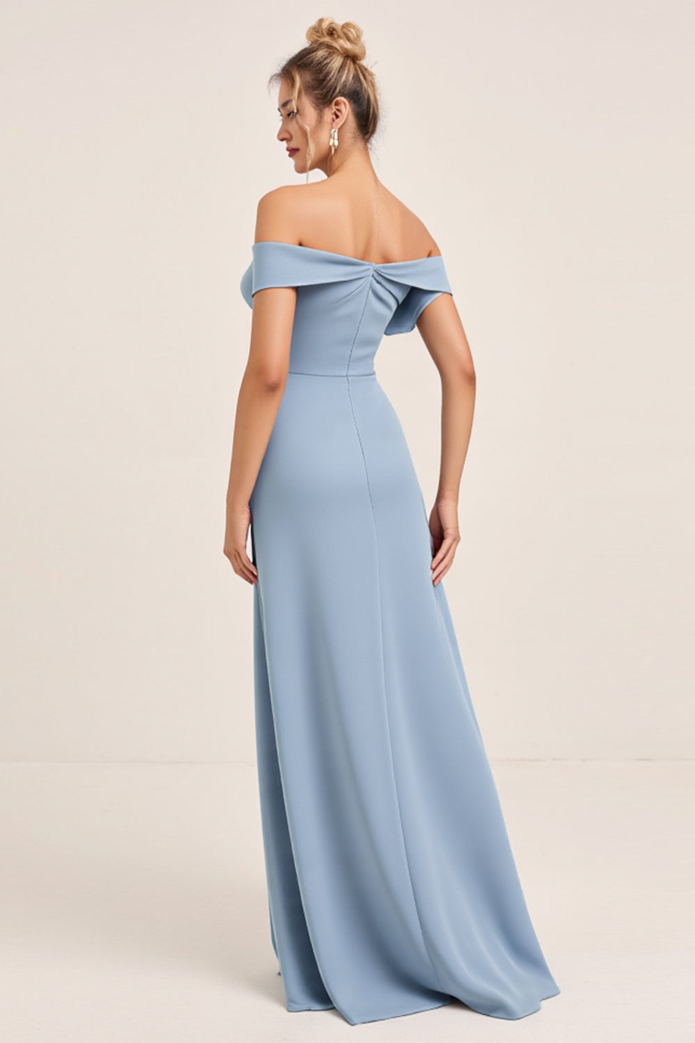 Ruched Satin Off the Shoulder Dusty Blue Long Bridesmaid Dress with Slit