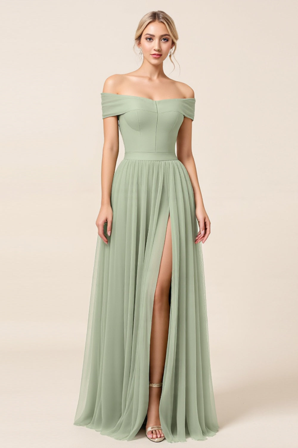 Tulle Matcha A Line Off the Shoulder Maxi Bridesmaid Dress with Slit