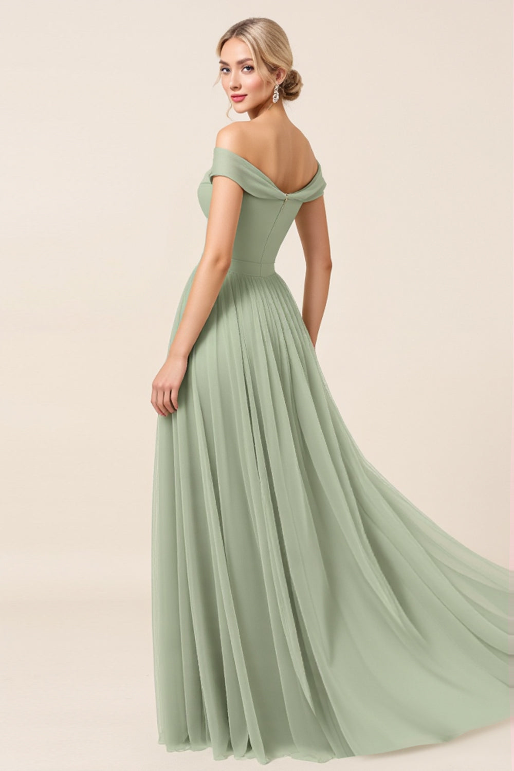 Tulle Matcha A Line Off the Shoulder Maxi Bridesmaid Dress with Slit