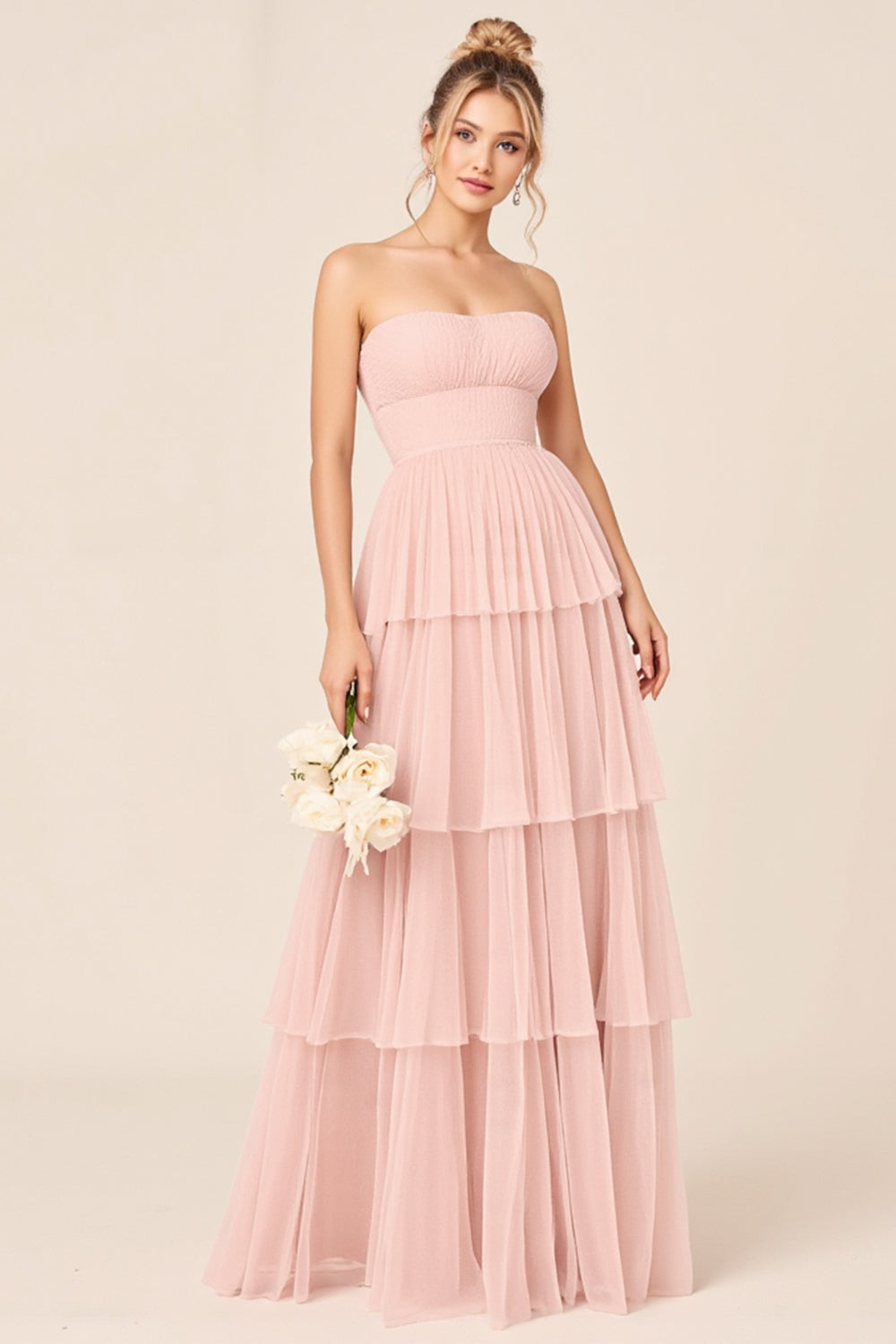 Tulle Candy Pink A Line Strapless Tiered Long Bridesmaid Dress