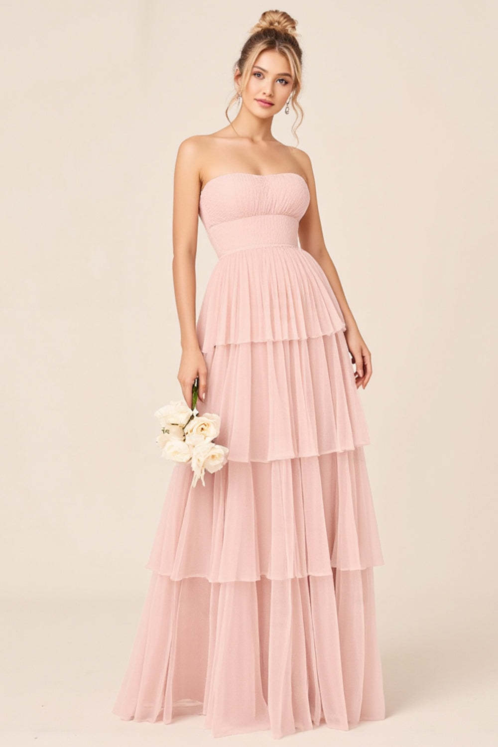 Leely Women Candy Pink A Line Tulle Maxi Bridesmaid Dress Strapless Tiered Backless Wedding Guest Dress