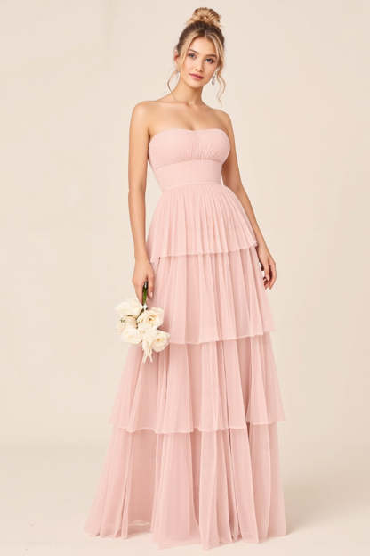 Leely Women Candy Pink A Line Tulle Maxi Bridesmaid Dress Strapless Tiered Backless Wedding Guest Dress