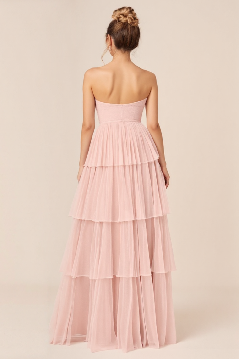 Tulle Candy Pink A Line Strapless Tiered Long Bridesmaid Dress