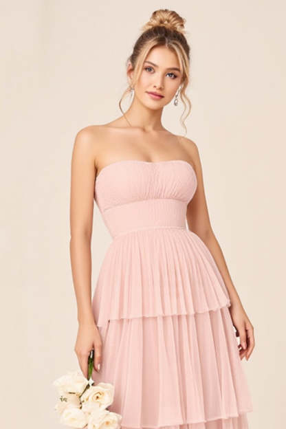 Tulle Candy Pink A Line Strapless Tiered Long Bridesmaid Dress