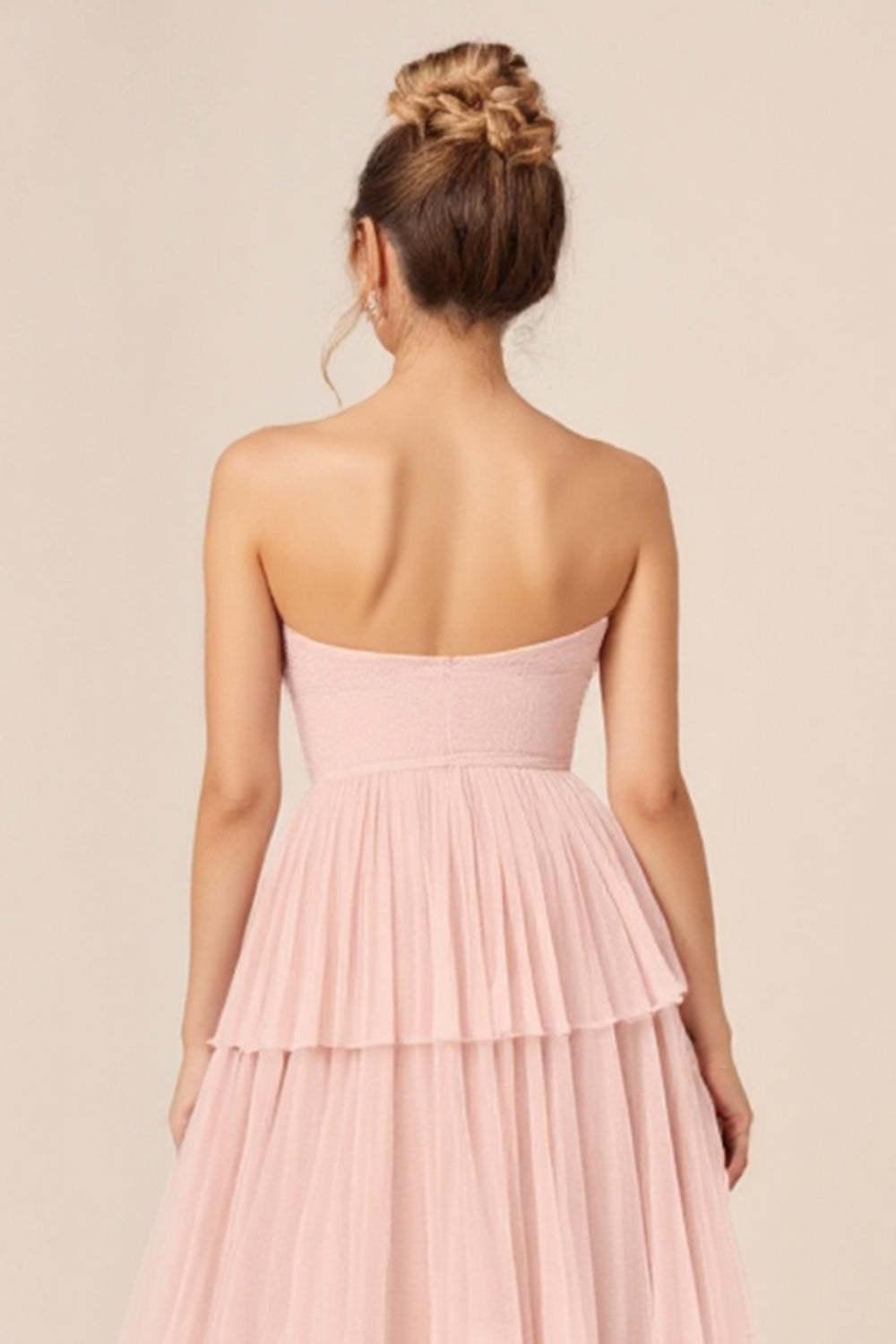 Tulle Candy Pink A Line Strapless Tiered Long Bridesmaid Dress
