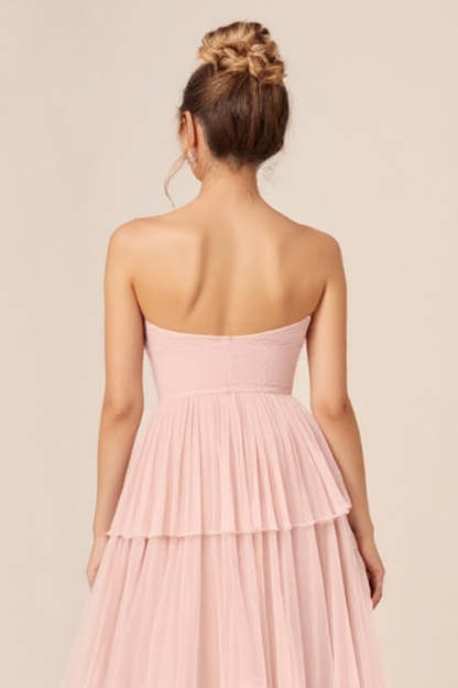 Tulle Candy Pink A Line Strapless Tiered Long Bridesmaid Dress