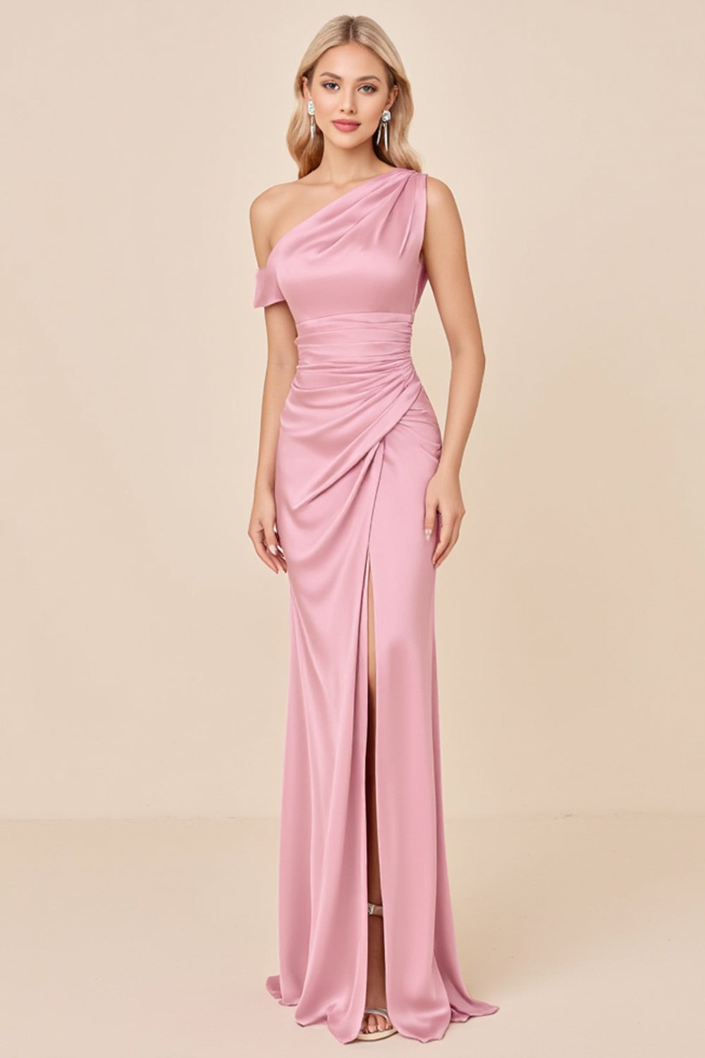 Blush Pink Sheath Satin Ruched One Shoulder Long Bridesmaid Dress with Slit