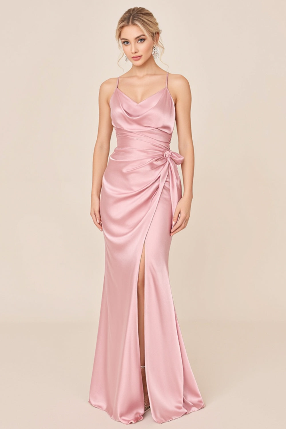 Blush Pink Sheath Satin Cowl Neck Maxi Bridesmaid Dress with Slit